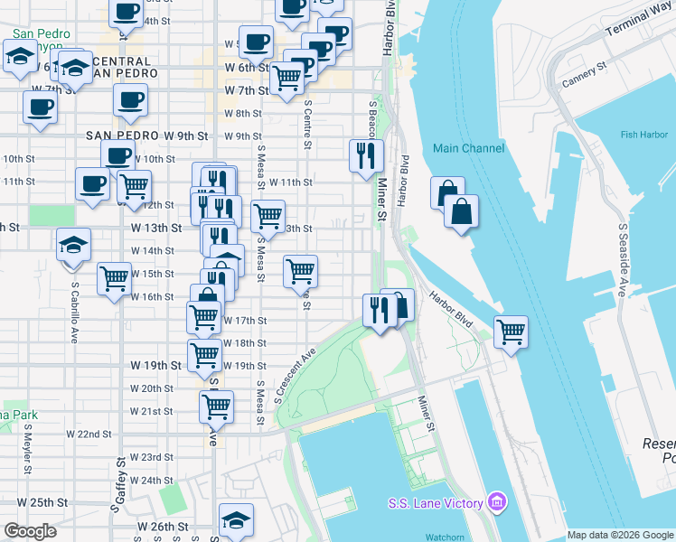 map of restaurants, bars, coffee shops, grocery stores, and more near 232 West 15th Street in Los Angeles