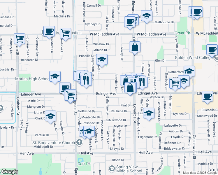 map of restaurants, bars, coffee shops, grocery stores, and more near 15931 Puritan Circle in Huntington Beach