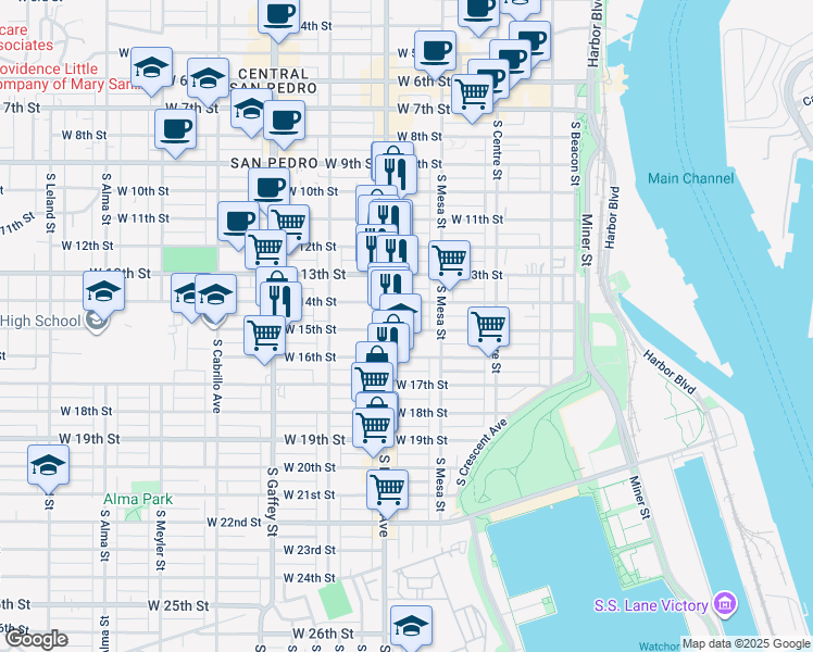 map of restaurants, bars, coffee shops, grocery stores, and more near 466 West 15th Street in Los Angeles