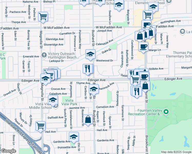 map of restaurants, bars, coffee shops, grocery stores, and more near 9516 Andover Circle in Fountain Valley