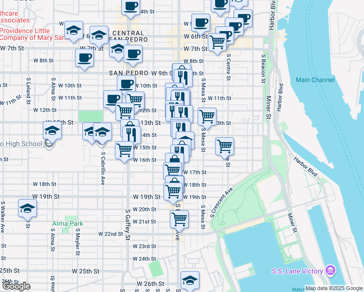 map of restaurants, bars, coffee shops, grocery stores, and more near 466 West 15th Street in Los Angeles