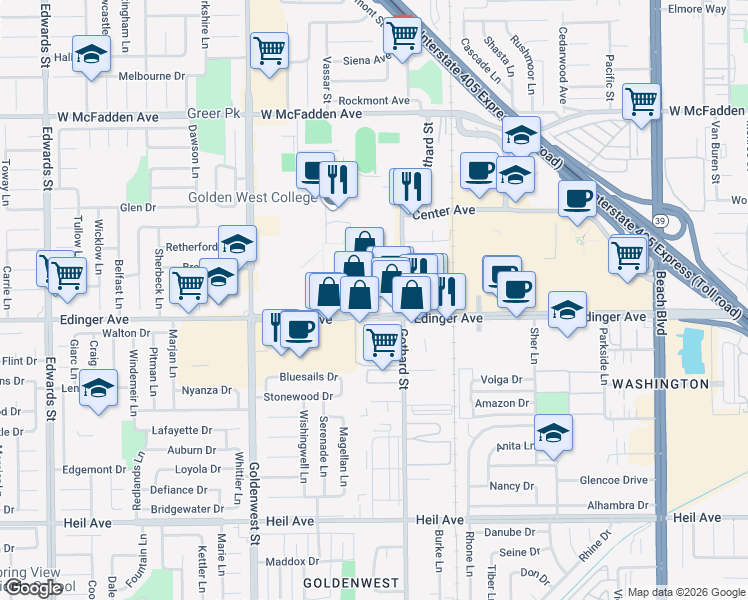 map of restaurants, bars, coffee shops, grocery stores, and more near Aura Circle in Huntington Beach
