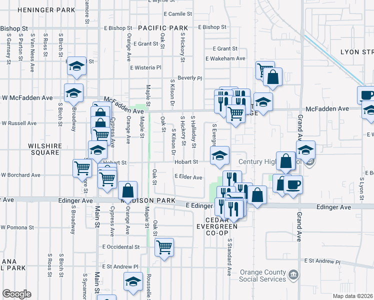 map of restaurants, bars, coffee shops, grocery stores, and more near 1279 South Hickory Street in Santa Ana