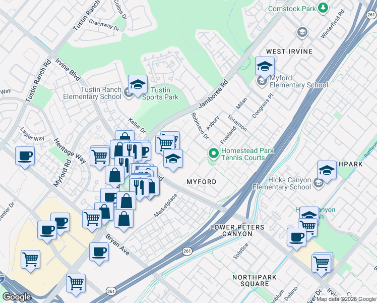 map of restaurants, bars, coffee shops, grocery stores, and more near 21 Asbury in Irvine
