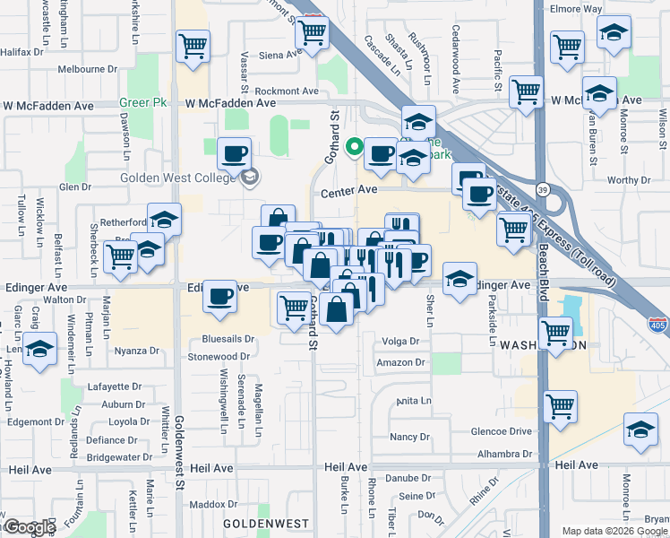 map of restaurants, bars, coffee shops, grocery stores, and more near 16171 Malaga Lane in Huntington Beach