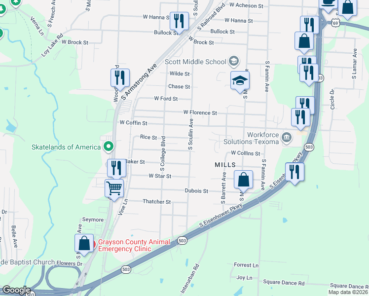 map of restaurants, bars, coffee shops, grocery stores, and more near 2601 South Scullin Avenue in Denison