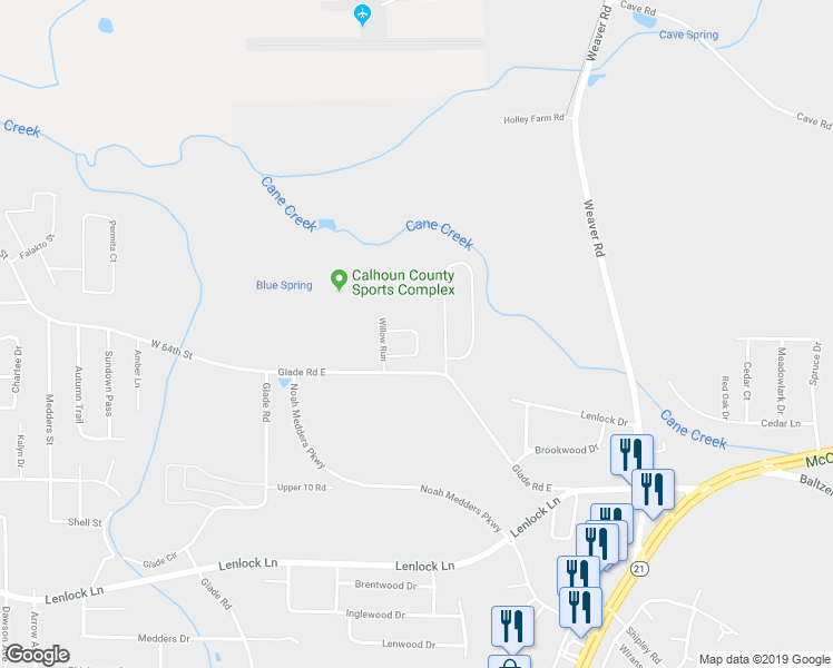 map of restaurants, bars, coffee shops, grocery stores, and more near 819 Willow Point in Anniston