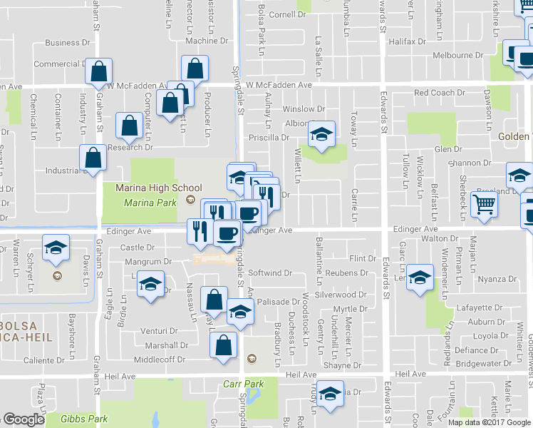 map of restaurants, bars, coffee shops, grocery stores, and more near 15962 Springdale Street in Huntington Beach