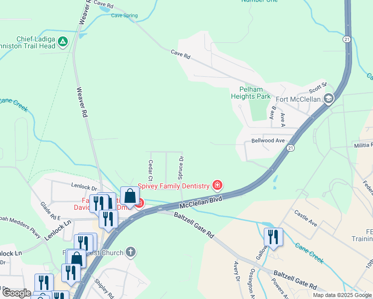 map of restaurants, bars, coffee shops, grocery stores, and more near 421 Hillside Drive in Anniston
