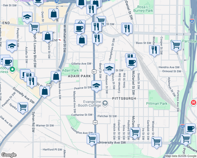 map of restaurants, bars, coffee shops, grocery stores, and more near 601 Hope Street Southwest in Atlanta