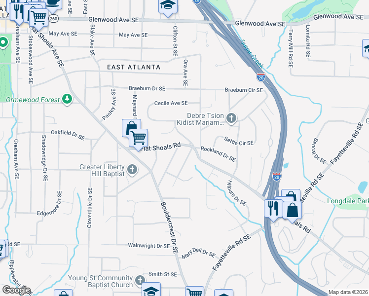 map of restaurants, bars, coffee shops, grocery stores, and more near 1723 Flat Shoals Rd SE in Atlanta