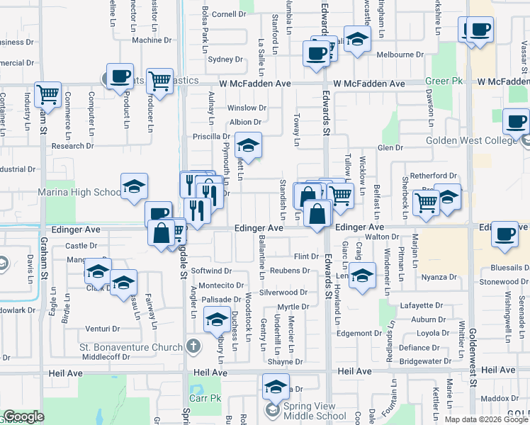 map of restaurants, bars, coffee shops, grocery stores, and more near 15931 Puritan Circle in Huntington Beach