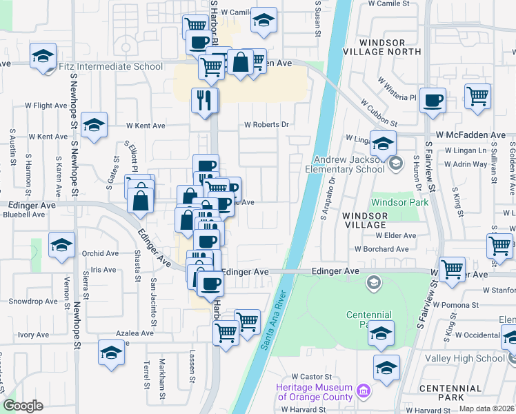map of restaurants, bars, coffee shops, grocery stores, and more near 16027 Elbert Circle in Fountain Valley