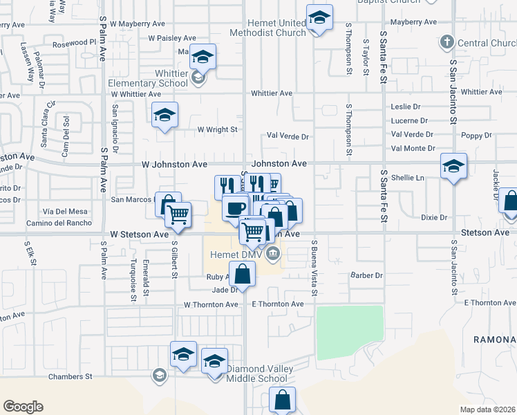 map of restaurants, bars, coffee shops, grocery stores, and more near 140 East Stetson Avenue in Hemet