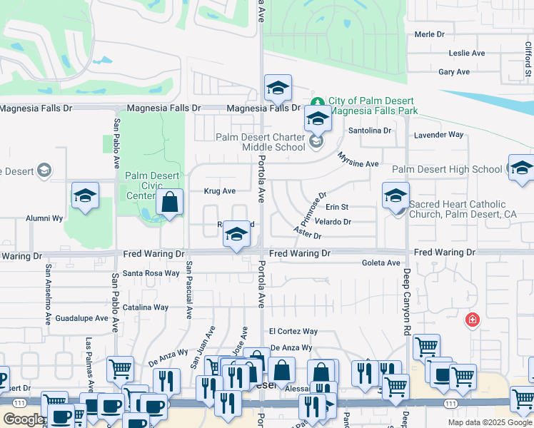 map of restaurants, bars, coffee shops, grocery stores, and more near 43718 Marigold Drive in Palm Desert