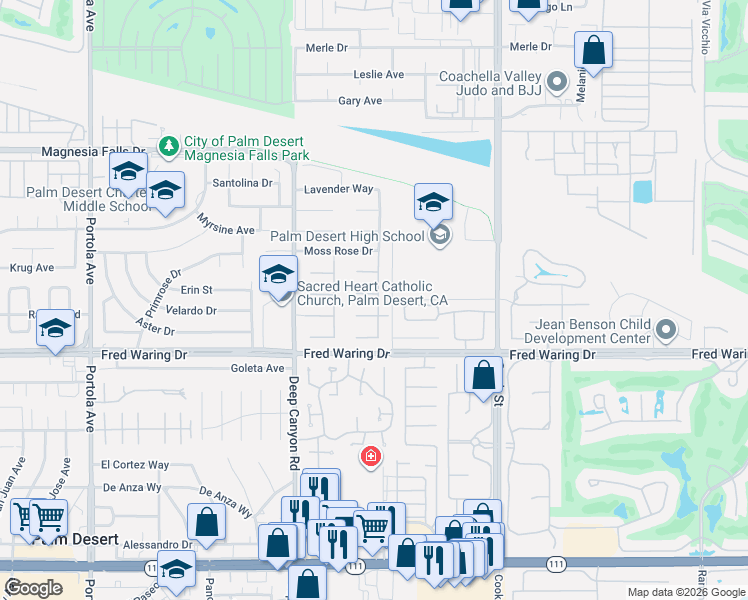 map of restaurants, bars, coffee shops, grocery stores, and more near 77 Clavel Court in Palm Desert
