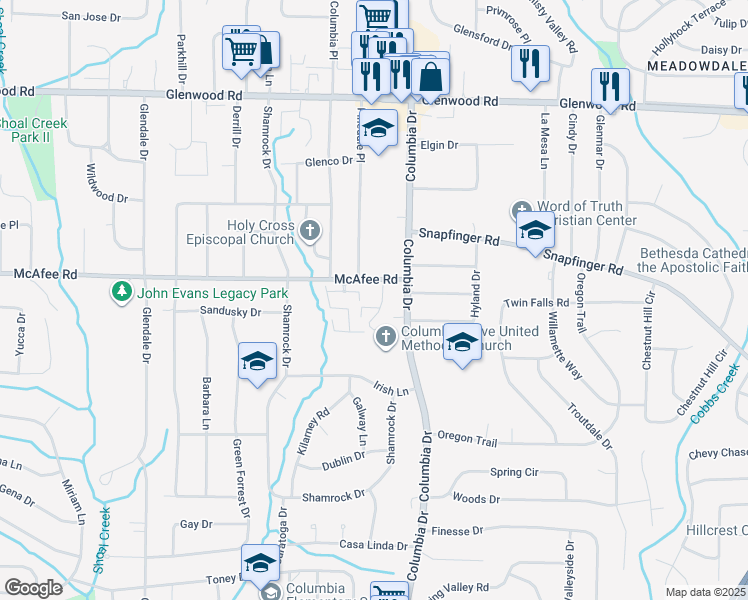 map of restaurants, bars, coffee shops, grocery stores, and more near 2029 Oak Park Lane in Decatur