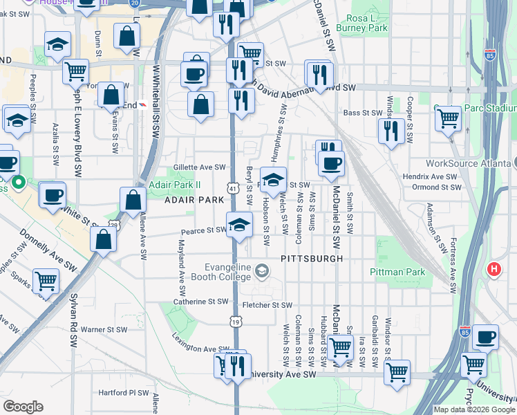 map of restaurants, bars, coffee shops, grocery stores, and more near 570 Hope Street Southwest in Atlanta