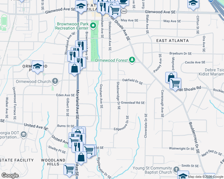 map of restaurants, bars, coffee shops, grocery stores, and more near 854 Stokeswood Ave SE in Atlanta