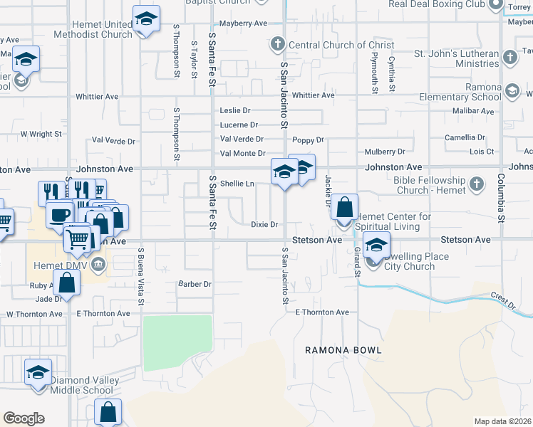 map of restaurants, bars, coffee shops, grocery stores, and more near 26911 Grace Lane in Hemet