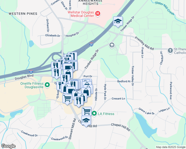 map of restaurants, bars, coffee shops, grocery stores, and more near 4896 Port Drive in Douglasville