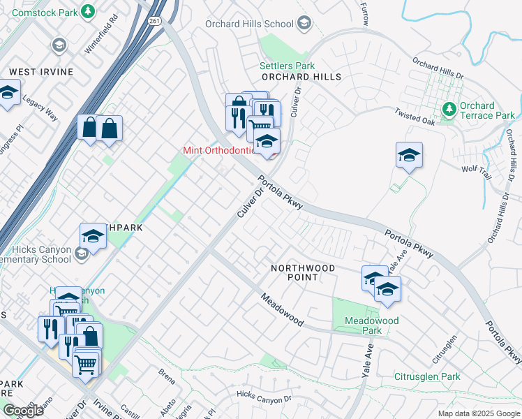 map of restaurants, bars, coffee shops, grocery stores, and more near 191 Woodbury in Irvine