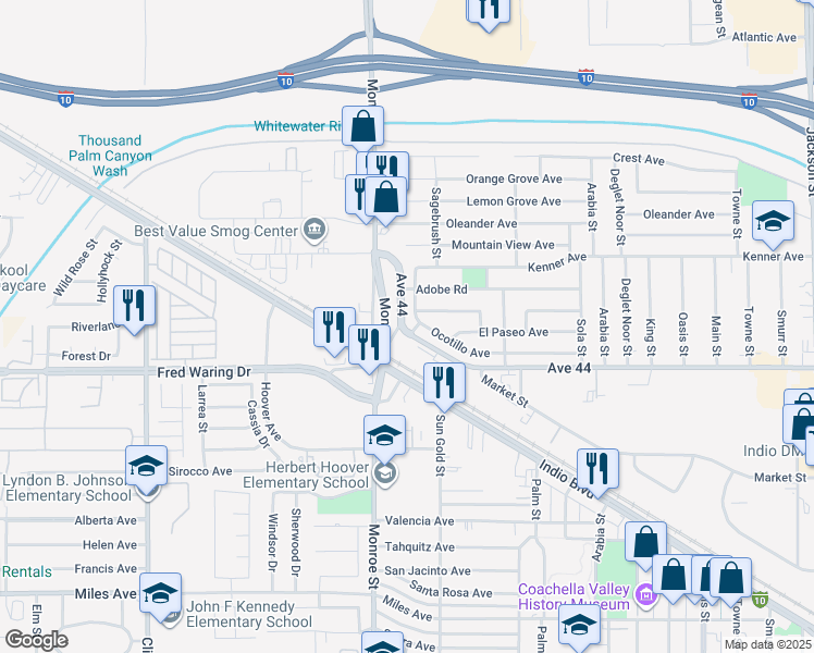 map of restaurants, bars, coffee shops, grocery stores, and more near Avenue 44 in Chiriaco Summit