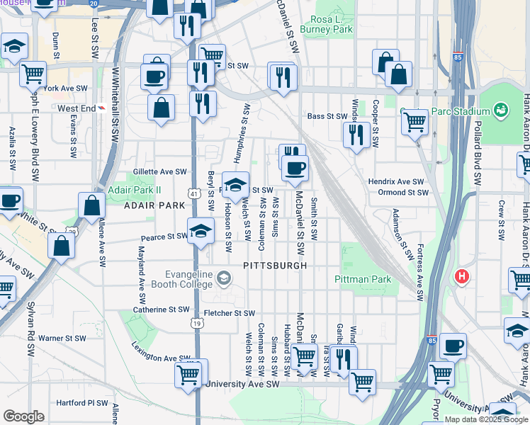 map of restaurants, bars, coffee shops, grocery stores, and more near 897 Sims Street Southwest in Atlanta