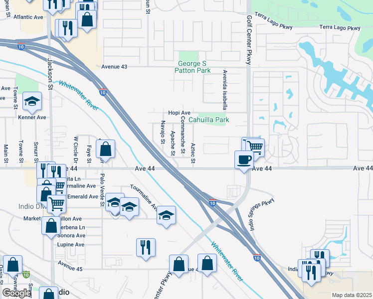 map of restaurants, bars, coffee shops, grocery stores, and more near 43846 Commanche Street in Indio