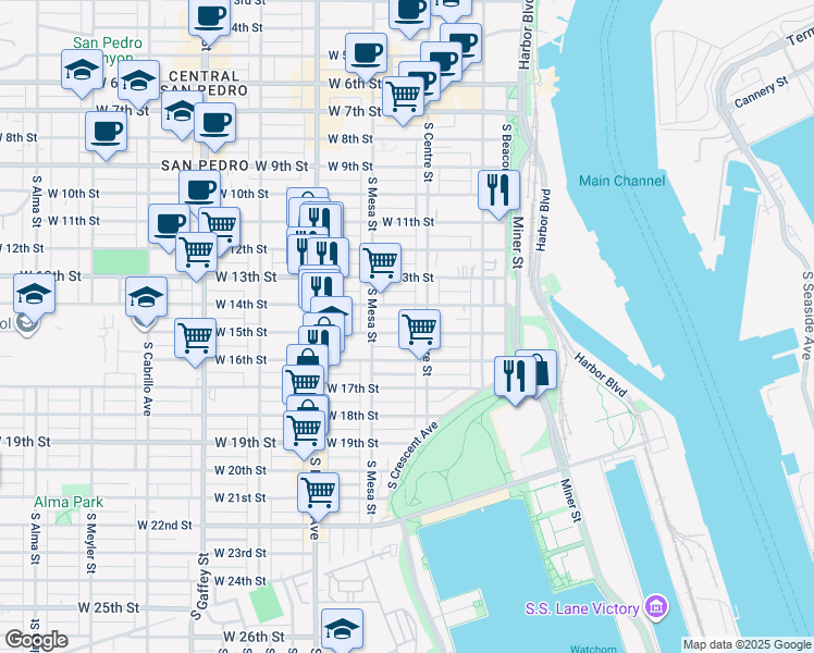 map of restaurants, bars, coffee shops, grocery stores, and more near 1503 South Centre Street in Los Angeles