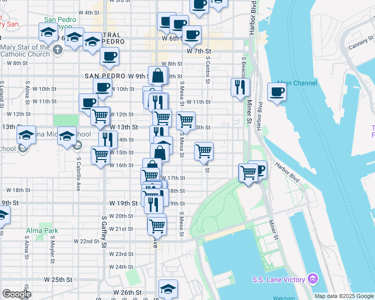 map of restaurants, bars, coffee shops, grocery stores, and more near 383 West 15th Street in Los Angeles