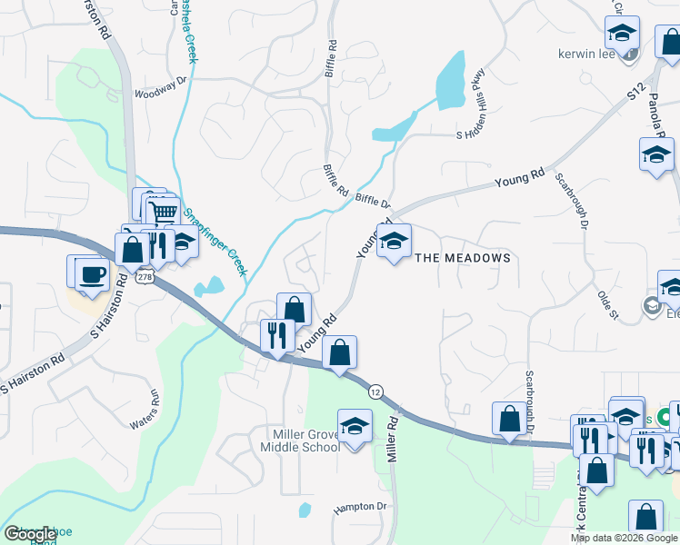 map of restaurants, bars, coffee shops, grocery stores, and more near 4626 Biffle Road in Stone Mountain