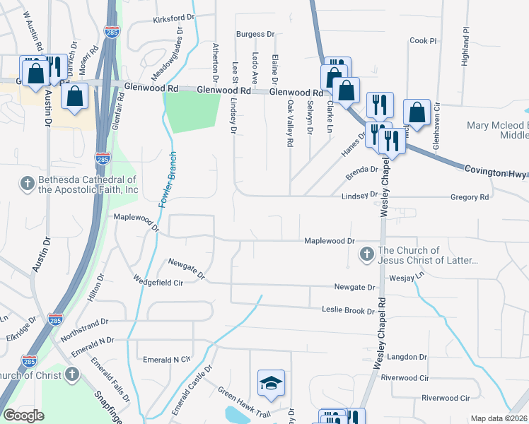map of restaurants, bars, coffee shops, grocery stores, and more near 2001 Maplewood Trail in Decatur