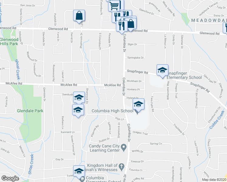 map of restaurants, bars, coffee shops, grocery stores, and more near 2029 Oak Park Lane in Decatur