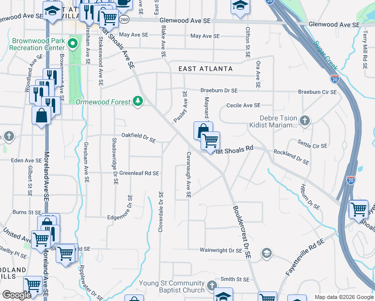 map of restaurants, bars, coffee shops, grocery stores, and more near 2071 Cavanaugh Avenue Southeast in Atlanta