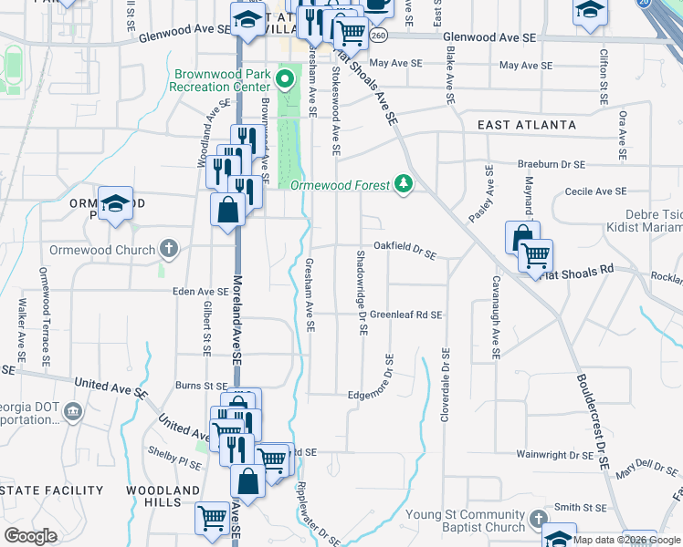 map of restaurants, bars, coffee shops, grocery stores, and more near 854 Stokeswood Avenue Southeast in Atlanta