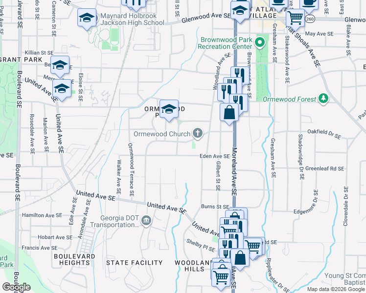 map of restaurants, bars, coffee shops, grocery stores, and more near 1035 Delaware Avenue Southeast in Atlanta