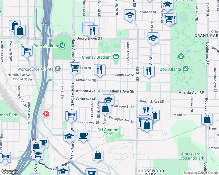 map of restaurants, bars, coffee shops, grocery stores, and more near 164 Atlanta Avenue Southeast in Atlanta