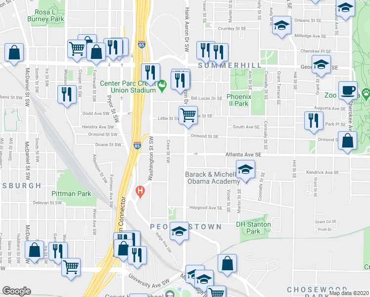 map of restaurants, bars, coffee shops, grocery stores, and more near 898 Crew Street Southwest in Atlanta