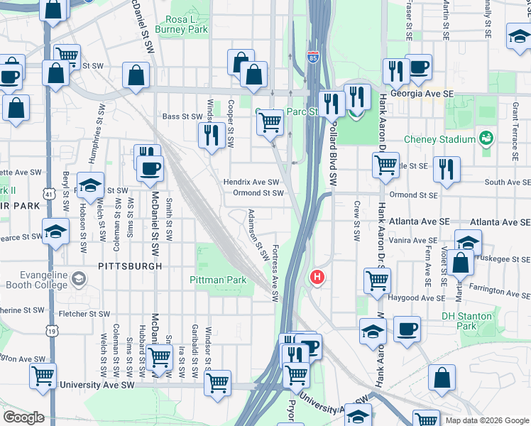 map of restaurants, bars, coffee shops, grocery stores, and more near 883 Pryor Street Southwest in Atlanta