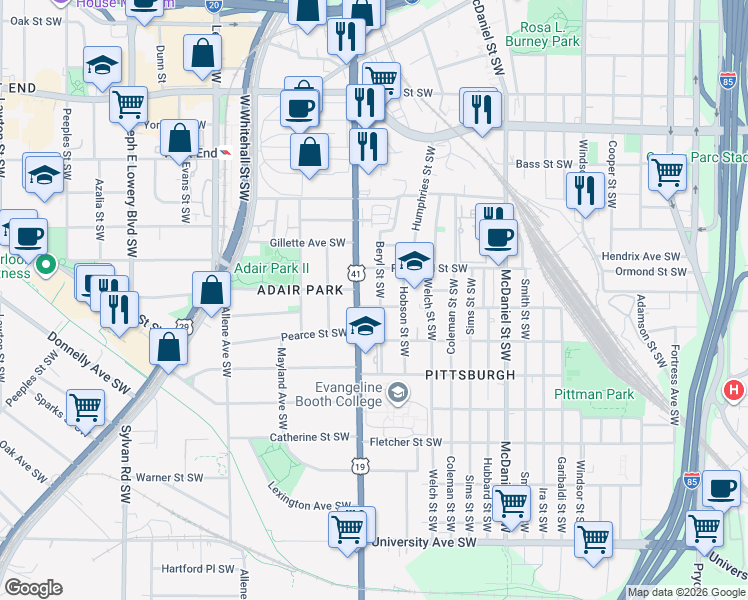 map of restaurants, bars, coffee shops, grocery stores, and more near 601 Hope Street Southwest in Atlanta