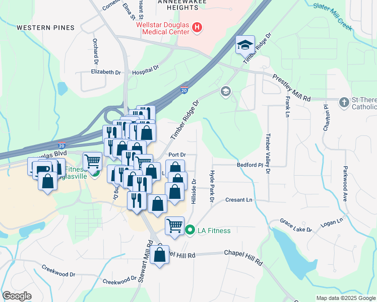 map of restaurants, bars, coffee shops, grocery stores, and more near 4896 Port Drive in Douglasville