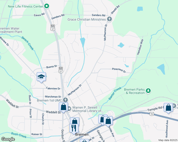 map of restaurants, bars, coffee shops, grocery stores, and more near 532 McPherson Street in Bremen