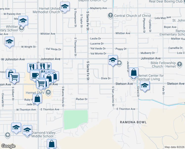 map of restaurants, bars, coffee shops, grocery stores, and more near 1025 Dixie Drive in Hemet