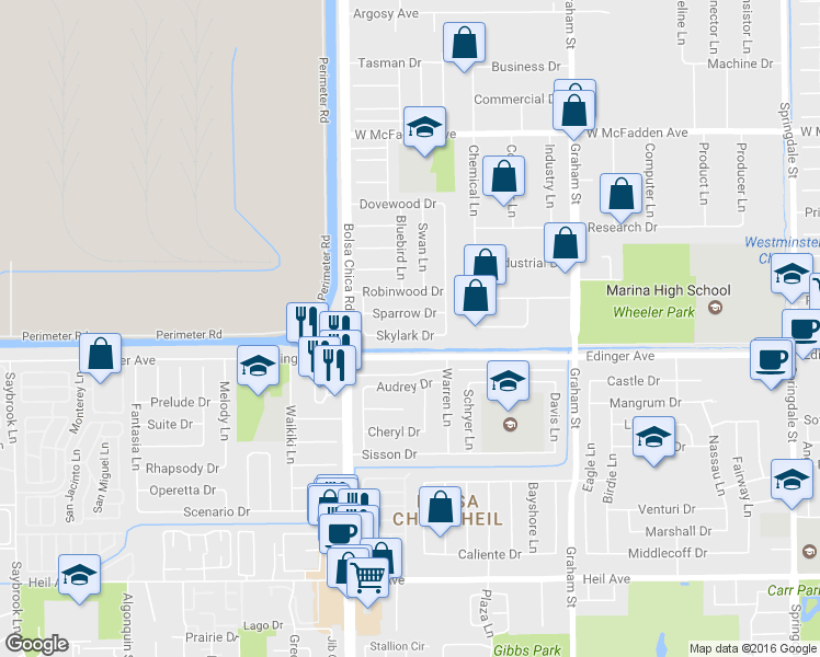map of restaurants, bars, coffee shops, grocery stores, and more near 5131 Skylark Drive in Huntington Beach