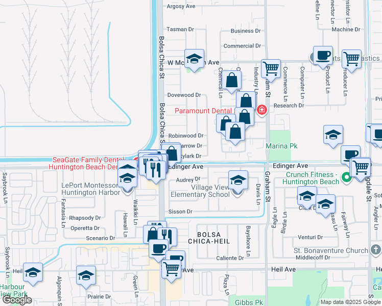map of restaurants, bars, coffee shops, grocery stores, and more near 5131 Skylark Drive in Huntington Beach