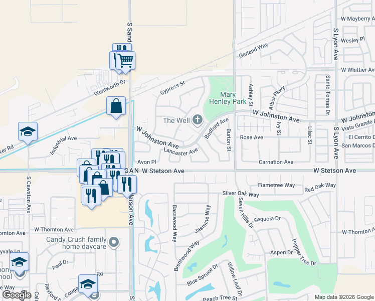 map of restaurants, bars, coffee shops, grocery stores, and more near 2800 Lancaster Avenue in Hemet