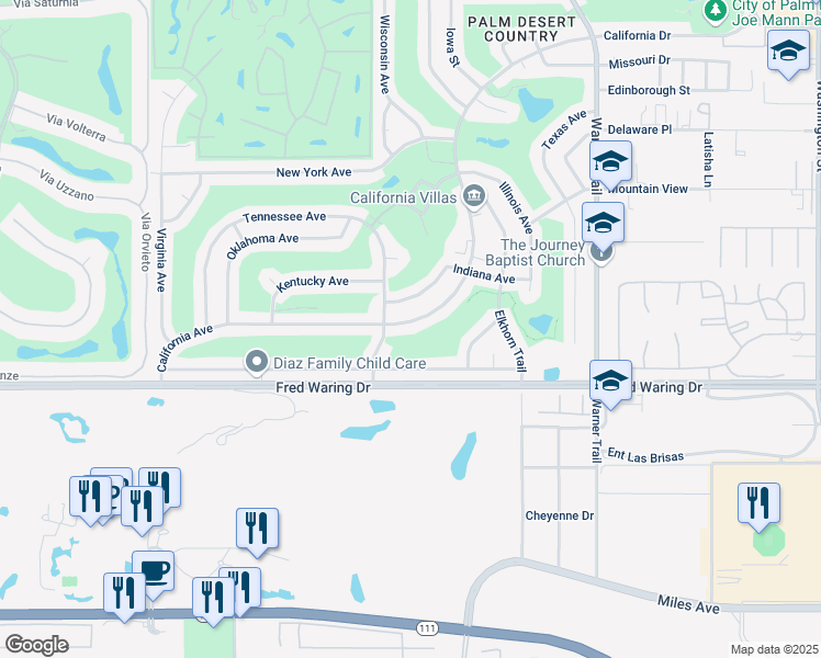 map of restaurants, bars, coffee shops, grocery stores, and more near 77025 California Drive in Palm Desert
