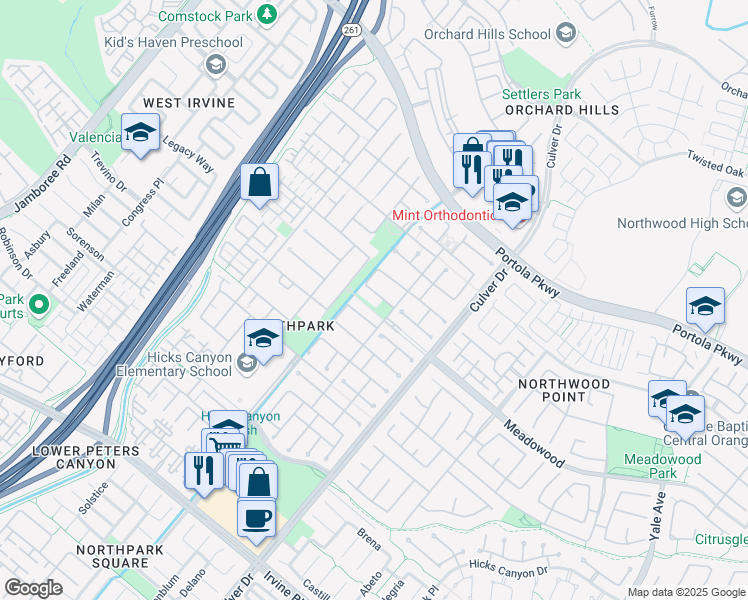 map of restaurants, bars, coffee shops, grocery stores, and more near 34 Westlake in Irvine