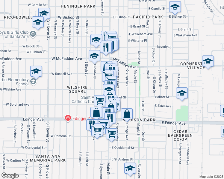 map of restaurants, bars, coffee shops, grocery stores, and more near 1336 Cypress Avenue in Santa Ana